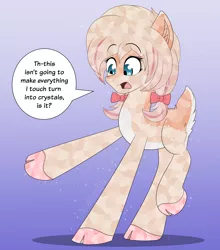 Size: 2900x3300 | Tagged: safe, alternate version, artist:aarondrawsarts, derpibooru import, oc, oc:daisy cakes, unofficial characters only, crystal pony, deer, deer pony, original species, cloven hooves, commission, deer tail, dialogue, doe, female, image, pale belly, png, raised hoof, surprised