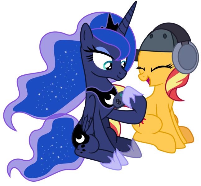 Size: 1024x948 | Tagged: safe, artist:emeraldblast63, derpibooru import, princess luna, sunset shimmer, alicorn, pony, unicorn, gamer luna, backwards cutie mark, cute, duo, duo female, eyes closed, female, gamer, handheld, image, mare, png, shimmerbetes, simple background, sitting, transparent background