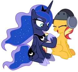 Size: 1024x948 | Tagged: safe, artist:emeraldblast63, derpibooru import, princess luna, sunset shimmer, alicorn, pony, unicorn, gamer luna, backwards cutie mark, cute, duo, duo female, eyes closed, female, gamer, handheld, image, mare, png, shimmerbetes, simple background, sitting, transparent background