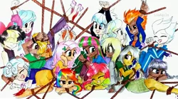 Size: 3532x1968 | Tagged: safe, artist:liaaqila, derpibooru import, blossomforth, cloudchaser, daring do, derpy hooves, fleetfoot, flitter, fluttershy, inky rose, lightning dust, rainbow dash, rolling thunder, songbird serenade, spitfire, strawberry sunrise, vapor trail, human, equestria girls, my little pony: the movie, barefoot, bondage, bound wrists, bow, clothes, commission, crying, dark skin, dress, eyes closed, feather, feet, female, fetish, foot fetish, grin, gritted teeth, hair bow, humanized, image, jacket, jeans, jpeg, laughing, open mouth, pants, rainbow dash is not amused, rope, rope bondage, shirt, simple background, sitting, sitting on person, skirt, sleeveless, sleeveless sweater, smiling, soles, sweater, sweatpants, t-shirt, tears of laughter, tickle torture, tickling, traditional art, unamused, white background