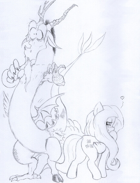 Size: 981x1280 | Tagged: safe, artist:aliciavanhammer, derpibooru import, discord, fluttershy, draconequus, pegasus, pony, blushing, butt, discoshy, female, flirting, flutterbutt, image, jpeg, male, pencil drawing, plot, shipping, shrunken pupils, sketch, spanking, straight, surprised, this will end in snu snu, traditional art, wing hands, wings