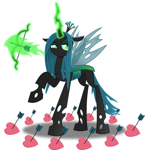 Size: 6680x6877 | Tagged: safe, artist:anime-equestria, derpibooru import, queen chrysalis, changeling, changeling queen, arrow, arrow through heart, bow, female, heart, image, levitation, magic, png, simple background, smiling, solo, telekinesis, transparent background, vector, wings