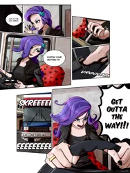 Size: 1800x2400 | Tagged: safe, artist:ilacavgbmjc, derpibooru import, rarity, human, equestria girls, bus, clothes, comic page, driving, high heels, humanized, image, jpeg, pedal, road rage, seat, shoes, solo, spice girls, steering wheel, stiletto heels