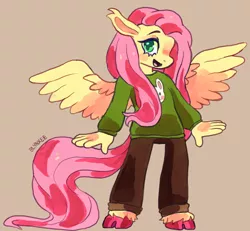 Size: 1000x923 | Tagged: safe, artist:blynxee, derpibooru import, fluttershy, anthro, pegasus, unguligrade anthro, clothes, cloven hooves, colored hooves, female, image, png, simple background, smiling, solo, sweater, sweatershy, tan background