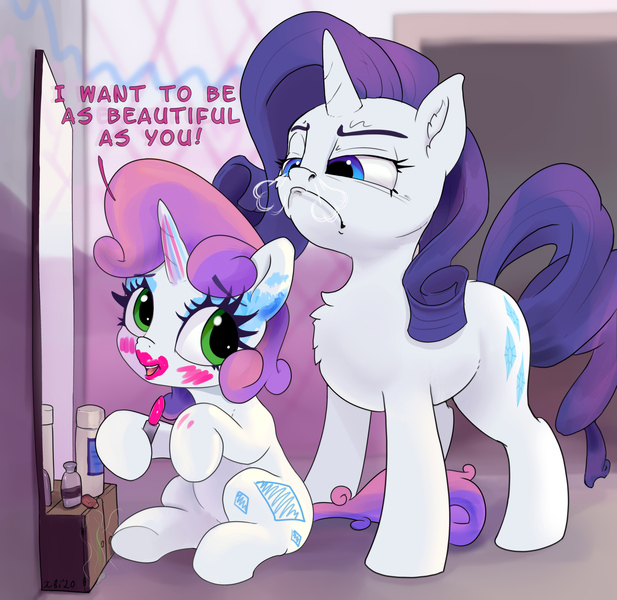 Size: 5000x4864 | Tagged: safe, artist:xbi, derpibooru import, rarity, sweetie belle, pony, unicorn, applying makeup, blank flank, cute, diasweetes, duo, fake cutie mark, heavy makeup, horses doing horse things, horses doing human things, image, jpeg, lipstick, looking down, makeup, mirror, rarity is not amused, snorting, tabun art-battle finished after, this will not end well, unamused