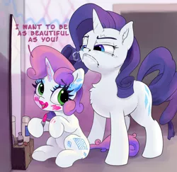 Size: 5000x4864 | Tagged: safe, artist:xbi, derpibooru import, rarity, sweetie belle, pony, unicorn, applying makeup, blank flank, cute, diasweetes, duo, fake cutie mark, heavy makeup, horses doing horse things, horses doing human things, image, jpeg, lipstick, looking down, makeup, mirror, rarity is not amused, snorting, tabun art-battle finished after, this will not end well, unamused