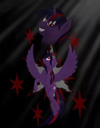Size: 1497x1920 | Tagged: safe, artist:nebulastar985, derpibooru import, oc, oc:midnight star, alicorn, pony, fanfic, fanfic:midnight star, alicorn oc, bust, fanfic art, fanfic cover, female, flying, grin, horn, image, looking up, mare, not brutalight sparcake, not twilight sparkle, not twivine sparkle, png, smiling, wings
