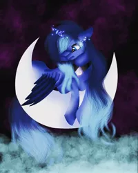 Size: 900x1125 | Tagged: safe, artist:rxndxm.artist, derpibooru import, princess luna, alicorn, pony, crescent moon, female, glowing horn, horn, image, jpeg, mare, moon, peytral, solo, tangible heavenly object, transparent moon