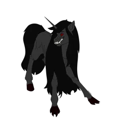 Size: 1707x1797 | Tagged: safe, artist:anelaponela, derpibooru import, oc, oc:nub, unicorn, ear fluff, image, male, png, red and black oc, red eyes, sharp teeth, simple background, skinny, smiling, teeth, transparent background