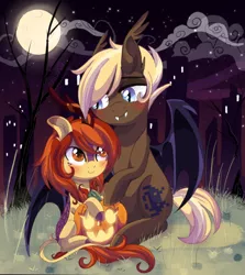 Size: 2344x2626 | Tagged: safe, artist:spookyle, derpibooru import, oc, oc:pixel, oc:pumpkin spell, unofficial characters only, bat pony, kirin, pony, female, halloween, holiday, image, jack-o-lantern, kirin oc, male, moon, night, png, pumpkin, stallion