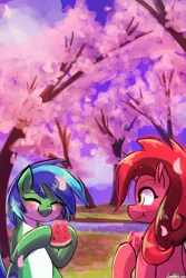 Size: 750x1125 | Tagged: safe, artist:lumineko, banned from derpibooru, deleted from derpibooru, derpibooru import, oc, oc:pure red, oc:sky yoshi, unofficial characters only, earth pony, pony, unicorn, blushing, commission, eating, eyes closed, female, food, fruit, herbivore, image, jpeg, mare, pale belly, scenery, smiling, tree, watermelon