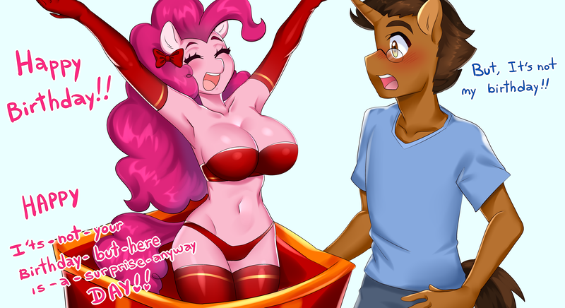 Size: 5500x3000 | Tagged: suggestive, artist:kaikururu, derpibooru import, pinkie pie, oc, oc:copper plume, anthro, earth pony, unicorn, armpits, big breasts, blushing, bow, bra, breasts, busty pinkie pie, canon x oc, clothes, commission, commissioner:imperfectxiii, copperpie, eyes closed, female, glasses, gloves, hair bow, happy birthday, image, legs together, long gloves, male, panties, pants, png, present, sexy, shipping, shirt, smiling, socks, stockings, straight, text, thigh highs, underwear, ych result