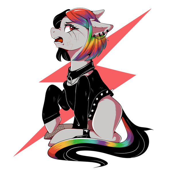 Size: 2480x2480 | Tagged: safe, artist:yoonergetic, derpibooru import, oc, oc:clarissa, earth pony, pony, angry, blank flank, chains, clothes, collar, image, piercing, png, scar, simple background, sitting, sweater