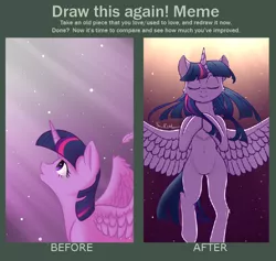 Size: 784x744 | Tagged: safe, artist:soulfulmirror, derpibooru import, twilight sparkle, twilight sparkle (alicorn), alicorn, pony, comparison, draw this again, female, happy birthday mlp:fim, horn, image, mlp fim's tenth anniversary, png, redraw, wings