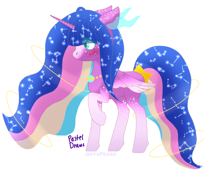 Size: 3750x3150 | Tagged: safe, artist:pasteldraws, derpibooru import, oc, oc:princess nova, alicorn, pony, base used, blushing, constellation, cute, flowing mane, flowing tail, freckles, glow, image, jewelry, nexgen, next generation, planet, png, princess, redraw, ring, simple background, solo, souls, space, space princess, stars, transparent background