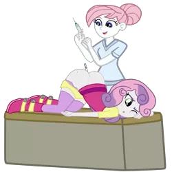 Size: 2952x2952 | Tagged: suggestive, alternate version, artist:gmaplay, derpibooru import, nurse redheart, sweetie belle, equestria girls, anal insertion, ass up, butt, face down ass up, image, insertion, older, older sweetie belle, png, rectal thermometer, syringe