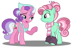 Size: 2495x1599 | Tagged: safe, artist:strawberry-spritz, derpibooru import, minty, sweetberry, earth pony, pony, unicorn, clothes, g3, g3 to g4, generation leap, image, leg warmers, png, scarf, simple background, transparent background