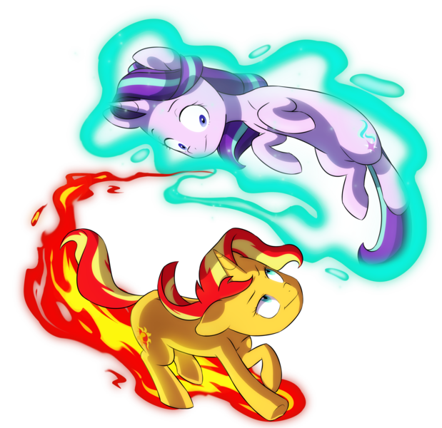 Size: 4103x3975 | Tagged: safe, artist:chub-wub, derpibooru import, starlight glimmer, sunset shimmer, pony, unicorn, commission, duo, female, fiery shimmer, fire, flying, glowing horn, high res, horn, image, levitation, looking at each other, magic, mare, png, raised hoof, raised leg, running, self-levitation, simple background, telekinesis, transparent background, yin-yang