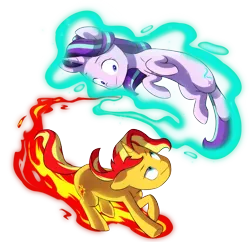 Size: 4103x3975 | Tagged: safe, artist:chub-wub, derpibooru import, starlight glimmer, sunset shimmer, pony, unicorn, commission, duo, female, fiery shimmer, fire, flying, glowing horn, high res, horn, image, levitation, looking at each other, magic, mare, png, raised hoof, raised leg, running, self-levitation, simple background, telekinesis, transparent background, yin-yang