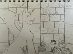 Size: 3609x2706 | Tagged: safe, artist:sipioc, derpibooru import, daring do, oc, oc:blank page, alicorn, pegasus, image, jpeg, sketch, statue, thestral, torch, traditional art