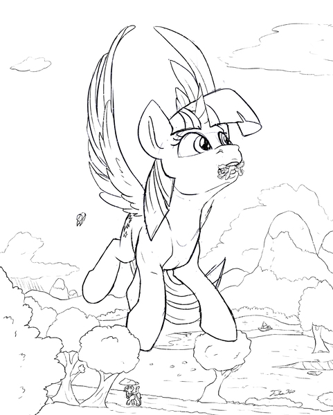 Size: 2006x2500 | Tagged: safe, artist:tsitra360, derpibooru import, applejack, big macintosh, twilight sparkle, twilight sparkle (alicorn), alicorn, earth pony, pony, behaving like a bird, flying, giant alicorn, giant pony, hat, holding a pony, image, index get, interpretation, jpeg, macro, monochrome, mountain, mouth hold, sail boat, size difference, tree