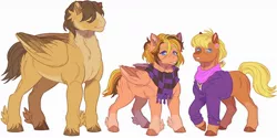 Size: 1280x640 | Tagged: safe, artist:ponipoke, derpibooru import, hoops, ms. harshwhinny, oc, earth pony, pegasus, pony, clothes, crack ship offspring, crack shipping, family, female, image, jpeg, male, mare, offspring, parent:hoops, parent:ms. harshwhinny, scarf, shipping, simple background, stallion, straight, white background