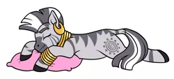 Size: 1280x579 | Tagged: safe, artist:mod charm, artist:picturesofponies, derpibooru import, zecora, zebra, bracelet, cute, ear piercing, earring, eyes closed, female, image, jewelry, jpeg, lying down, mare, neck rings, piercing, pillow, prone, quadrupedal, simple background, sleeping, solo, white background, zecorable