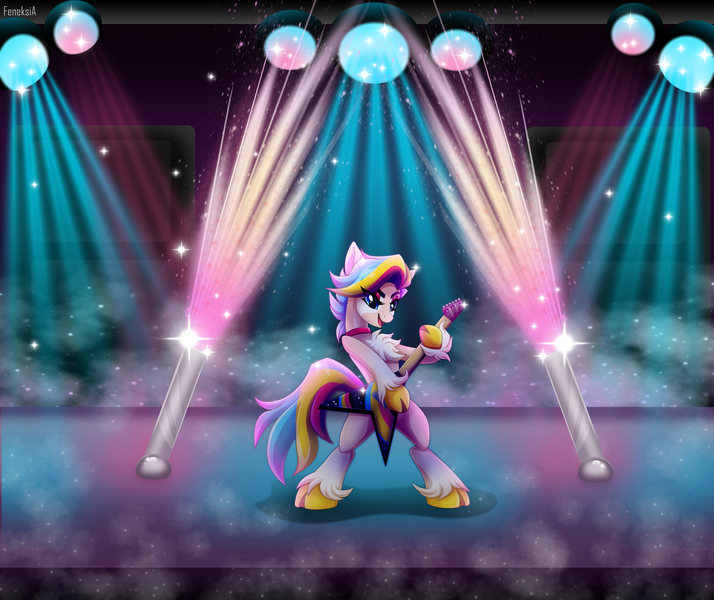 Size: 5474x4600 | Tagged: safe, artist:feneksia, derpibooru import, oc, oc:rocket pop, unofficial characters only, earth pony, female, fireworks, guitar, image, musical instrument, performance, png, show, stage, standing