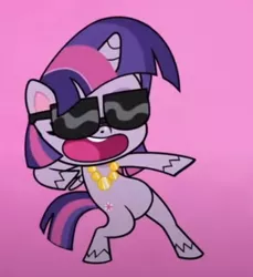 Size: 405x443 | Tagged: safe, derpibooru import, screencap, twilight sparkle, twilight sparkle (alicorn), alicorn, pony, my little pony: pony life, bipedal, cropped, dancing, female, image, jewelry, necklace, open mouth, png, pose, solo, sportacular spectacular musical musak-ular, sunglasses, we shine brighter together