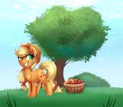 Size: 2481x2156 | Tagged: safe, artist:confetticakez, artist:modularpon, derpibooru import, applejack, earth pony, pony, apple, basket, cheek fluff, chest fluff, colored pupils, cute, ear fluff, female, food, image, jackabetes, leg fluff, mare, open collaboration, png, smiling, solo, tree