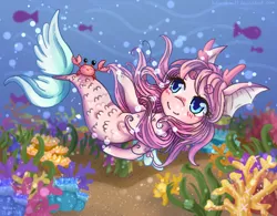 Size: 2050x1600 | Tagged: safe, artist:kitsu-chan11, derpibooru import, oc, unofficial characters only, crab, fish, seapony (g4), blue eyes, blushing, bubble, chibi, coral, crepuscular rays, female, fish tail, flowing mane, flowing tail, image, ocean, pink mane, png, seaweed, smiling, solo, swimming, tail, underwater, water