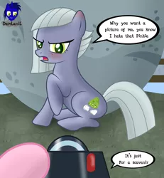 Size: 3840x4154 | Tagged: safe, artist:damlanil, derpibooru import, limestone pie, pinkie pie, earth pony, pony, blushing, boulder, camera, comic, duo, ear blush, female, holder's boulder, image, limetsun pie, looking at you, mare, png, rock farm, show accurate, sitting, text, tsundere, vector