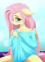 Size: 1750x2400 | Tagged: suggestive, artist:hrukii, derpibooru import, fluttershy, anthro, adorasexy, blushing, bottomless, cheek fluff, clothes, colored wings, colored wingtips, cute, ear fluff, floppy ears, folded wings, image, jpeg, lidded eyes, looking at you, partial nudity, profile, sexy, shirt, shoulder fluff, shy, shyabetes, sitting, solo, two toned wings, undressing, wings