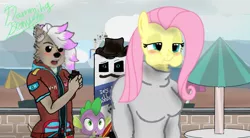 Size: 1578x870 | Tagged: safe, artist:flammingbrony40, derpibooru import, fluttershy, spike, oc, oc:stella the chihuahua, anthro, chihuahua, dog, pegasus, 1000 hours in ms paint, blushing, candy bar, cheek bulge, comedy, crossover, crossover shipping, cute, furry, image, jpeg, shipping, teasing, wishbone heroes
