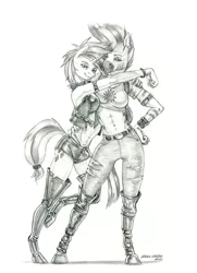 Size: 950x1314 | Tagged: safe, artist:baron engel, derpibooru import, rarity, zecora, anthro, unguligrade anthro, zebra, alternate hairstyle, bare midriff, boots, bracelet, breasts, busty rarity, busty zecora, clothes, digital art, ear piercing, female, grayscale, image, jewelry, jpeg, lesbian, monochrome, panties, pencil drawing, piercing, punk, raricora, raripunk, ripped pants, shipping, shoes, shorts, simple background, sketch, smiling, tanktop, thong, traditional art, underwear, vest, white background