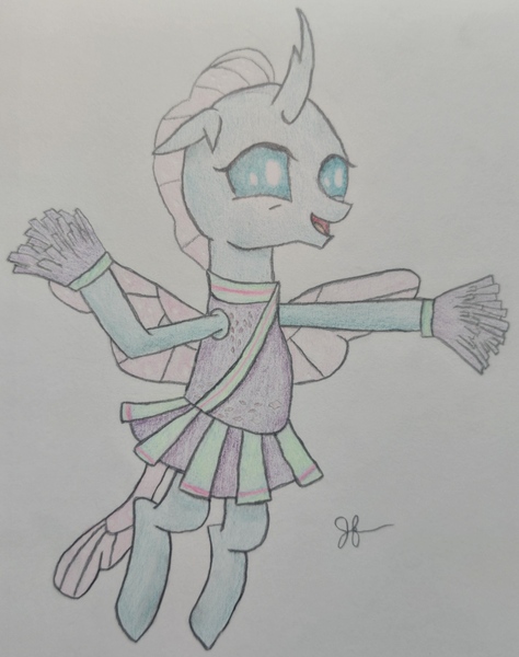Size: 2617x3311 | Tagged: safe, artist:goldenflow, derpibooru import, ocellus, changedling, changeling, 2 4 6 greaaat, cheerleader, cheerleader ocellus, cheerleader outfit, clothes, colored pencil drawing, cute, diaocelles, female, image, jpeg, pom pom, simple background, solo, traditional art, white background