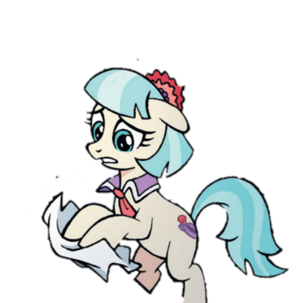 Size: 1024x1024 | Tagged: safe, artist:sara pitre-durocher, derpibooru import, idw, coco pommel, adorable distress, background removed, cute, friendship in disguise, image, napkin, png, simple background, solo, transparent background, worried