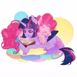 Size: 1080x1080 | Tagged: safe, artist:sadelinav, derpibooru import, pinkie pie, twilight sparkle, twilight sparkle (alicorn), alicorn, earth pony, pony, alternate hairstyle, book, colored hooves, cute, duo, duo female, eyes closed, female, folded wings, image, jpeg, leonine tail, lesbian, looking at something, lying down, mare, pillow, pony pile, prone, reading, shipping, short mane, simple background, sleeping, smiling, sparkles, sparkling mane, three quarter view, twinkie, two toned wings, white background, wings