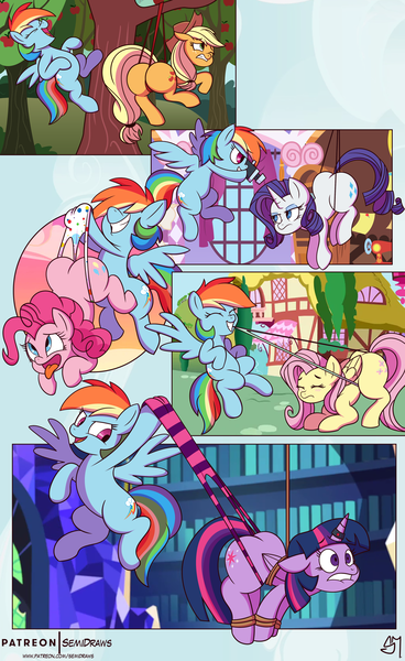 Size: 3207x5230 | Tagged: questionable, artist:semirulalmite, derpibooru import, applejack, fluttershy, pinkie pie, rainbow dash, rarity, twilight sparkle, twilight sparkle (alicorn), alicorn, earth pony, pegasus, pony, unicorn, ahegao, applebutt, balloonbutt, black underwear, bondage, bound wings, butt, cameltoe, camera, clothes, comic, eyes closed, female, females only, flutterbutt, green underwear, gritted teeth, hanging, hanging wedgie, horn, horn ring, image, jewelry, lip bite, magic suppression, mane six, mare, naked six, nudity, one eye closed, open mouth, plot, png, polka dot underwear, rarity is not amused, rearity, red underwear, ring, rope, rope bondage, striped underwear, suspended, suspension bondage, tongue out, twibutt, unamused, underwear, wedgie, wedgie fetish, white underwear, wings