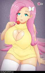 Size: 787x1252 | Tagged: suggestive, alternate version, artist:clouddg, derpibooru import, fluttershy, human, equestria girls, big breasts, boob window, breasts, busty fluttershy, candy, cleavage, clothes, drool, drool string, eating, erect nipples, female, food, human coloration, image, lidded eyes, lollipop, nipple outline, open-chest sweater, png, smiling, socks, solo, solo female, stockings, stupid sexy fluttershy, suggestive eating, sweater, sweatershy, thigh highs