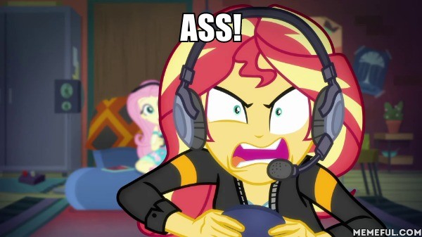 Size: 600x337 | Tagged: safe, derpibooru import, edit, edited screencap, screencap, fluttershy, sunset shimmer, equestria girls, equestria girls series, game stream, spoiler:eqg series (season 2), angry, angry video game nerd, caption, gamer sunset, image, image macro, jpeg, memeful.com, text, vulgar