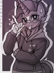 Size: 3024x4096 | Tagged: safe, alternate version, artist:canvymamamoo, derpibooru import, sunburst, anthro, pony, unicorn, :p, abstract background, blushing, clothes, cutie mark, ear fluff, hoodie, image, implied starlight glimmer, jpeg, looking at you, male, monochrome, smiling, solo, stallion, tongue out