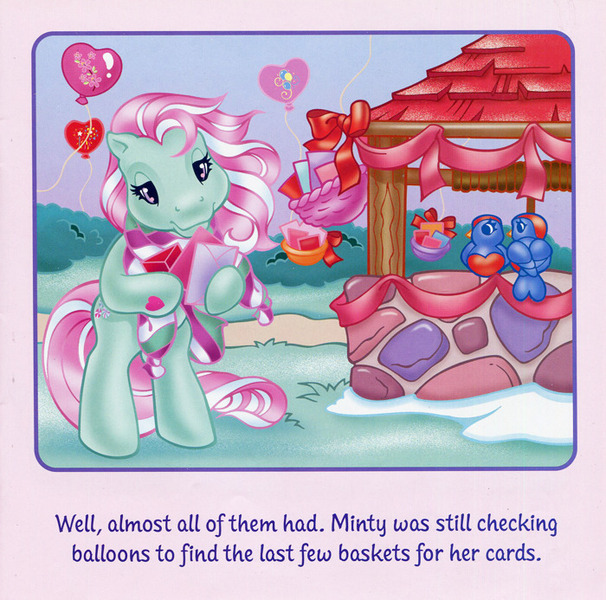 Size: 700x693 | Tagged: safe, artist:lyn fletcher, derpibooru import, minty, bird, pony, balloon, basket, card, clothes, envelope, g3, image, jpeg, letter, sad, scarf, streamers, valentine's day up up and away, well