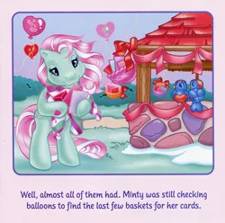 Size: 700x693 | Tagged: safe, artist:lyn fletcher, derpibooru import, minty, bird, pony, balloon, basket, card, clothes, envelope, g3, image, jpeg, letter, sad, scarf, streamers, valentine's day up up and away, well