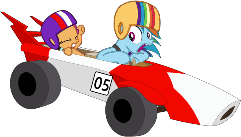 Size: 1280x726 | Tagged: safe, artist:didgereethebrony, derpibooru import, rainbow dash, scootaloo, pegasus, pony, the cart before the ponies, cart, duo, duo female, female, filly, helmet, image, peter brock, png, simple background, trace, transparent background, tribute