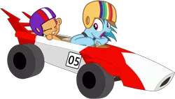 Size: 1280x726 | Tagged: safe, artist:didgereethebrony, derpibooru import, rainbow dash, scootaloo, pegasus, pony, the cart before the ponies, cart, duo, duo female, female, filly, helmet, image, peter brock, png, simple background, trace, transparent background, tribute