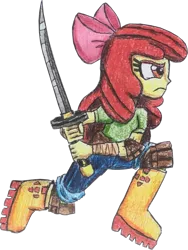 Size: 1800x2398 | Tagged: safe, artist:bozzerkazooers, artist:therandomone95, derpibooru import, apple bloom, equestria girls, angry, boots, clothes, cropped, image, jeans, knee pads, martial arts, pants, png, shoes, simple background, solo, sword, transparent background, weapon