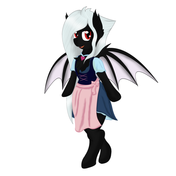 Size: 4000x4000 | Tagged: safe, artist:maledict, derpibooru import, oc, oc:midnight ruby, bat pony, bat pony oc, bat wings, bipedal, chest fluff, clothes, dirndl, dress, fangs, image, jewelry, necklace, png, red eyes, spread wings, standing, wings