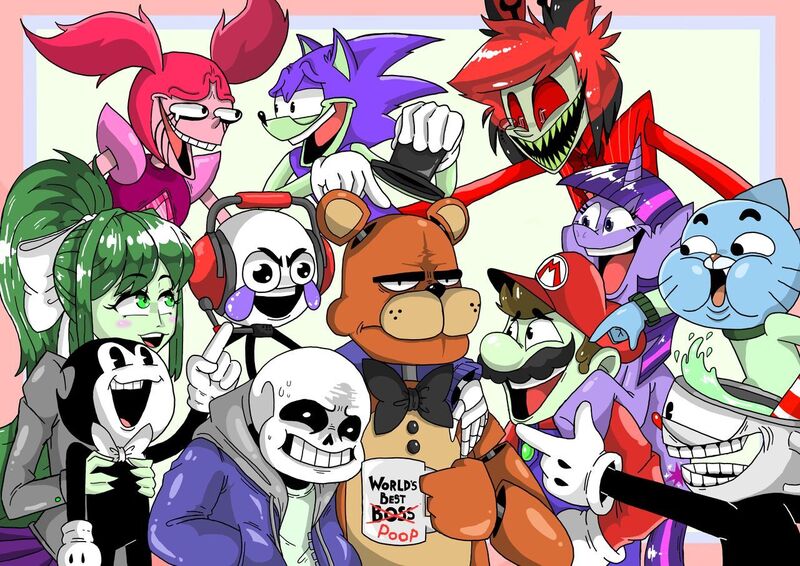 Size: 1280x906 | Tagged: safe, artist:troymahezaart, derpibooru import, twilight sparkle, unicorn, alastor, bendy, bendy and the ink machine, charles calvin, crossover, crying, cuphead, cuphead (character), doki doki literature club, five nights at freddy's, freddy fazbear, gumball watterson, hazbin hotel, henry stickmin collection, image, jpeg, laughing, mario, monika, sans (undertale), sonic the hedgehog, sonic the hedgehog (series), spinel (steven universe), steven universe, steven universe: the movie, super mario bros., tears of laughter, teary eyes, the amazing world of gumball, unamused, undertale, wheeze