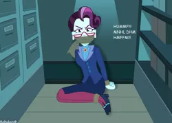 Size: 1058x756 | Tagged: safe, artist:robukun, derpibooru import, principal abacus cinch, equestria girls, bondage, bound and gagged, cloth gag, female, gag, image, muffled words, png, solo, tied hands, tied up, vertical file cabinet